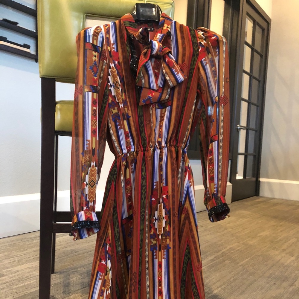 Native print and beaded trim dress